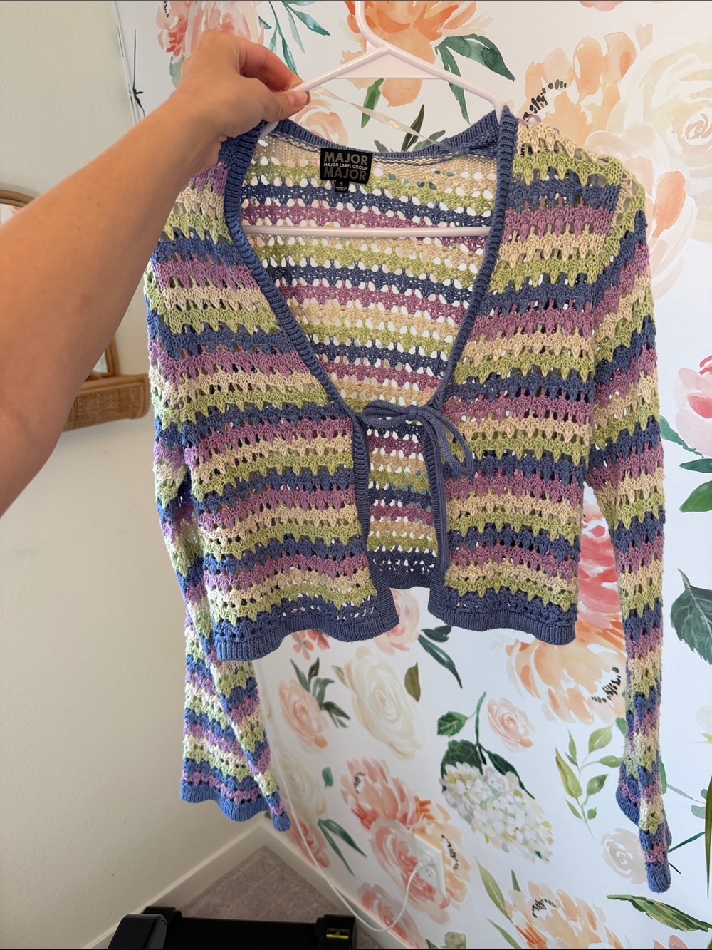 Women's Multicolor Crochet Tie-Front Sweater - Lavender/Green